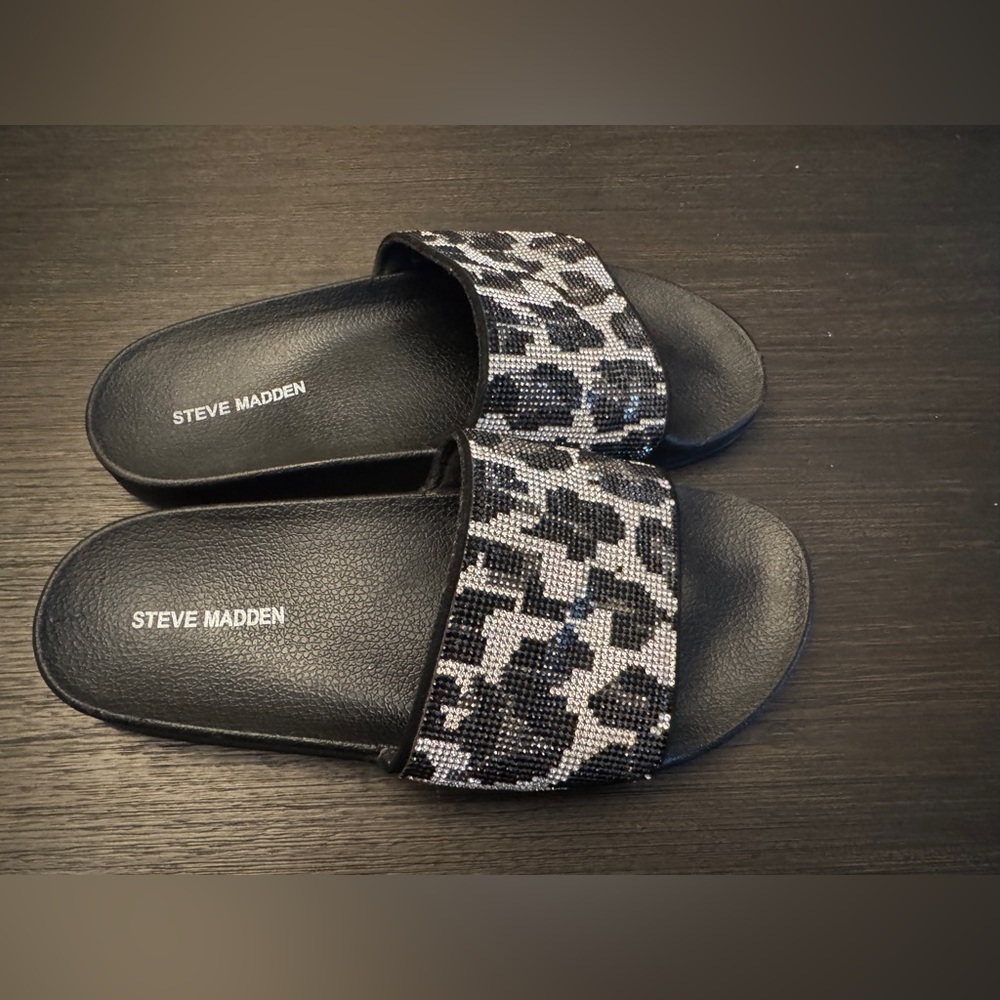 Steve Madden Sammy Leopard Black and Silver Embellished Slides
